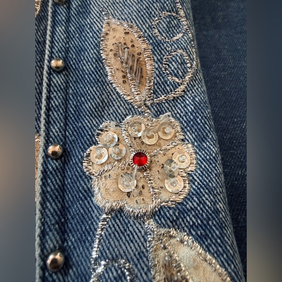80s Oversized Acid Wash Embellished Studded Denim Jacket Batwing Rhinestone M - Picture 6 of 16